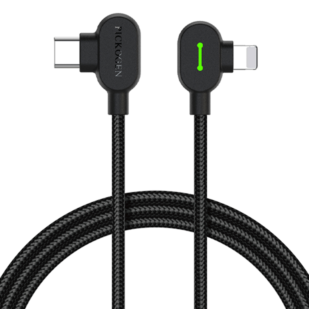 PICKOGEN 雙彎頭L型 PD/Lightning/Type-C/iPhone充電線傳輸線編織線快充線 LED GameFlex 2M