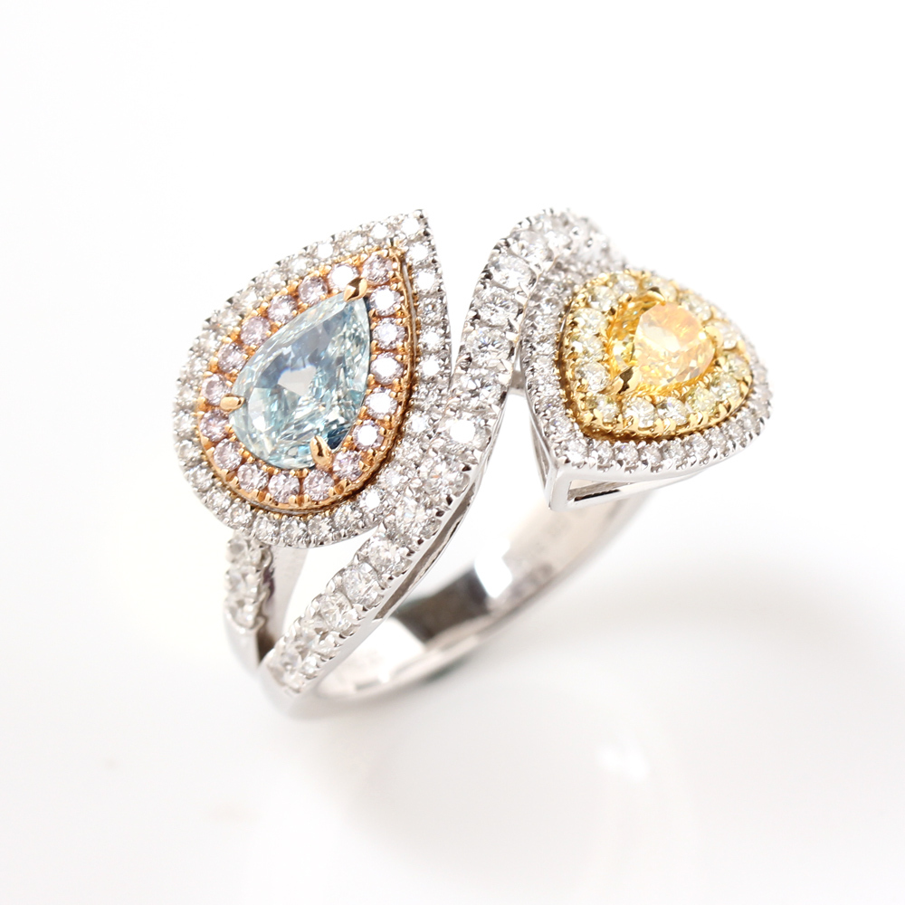 【雅紅珠寶】GIA-0.5ct-Fancy Vivid Yellow-濃郁黃彩鑽水滴型+0.5ct藍彩鑽水滴型戒指