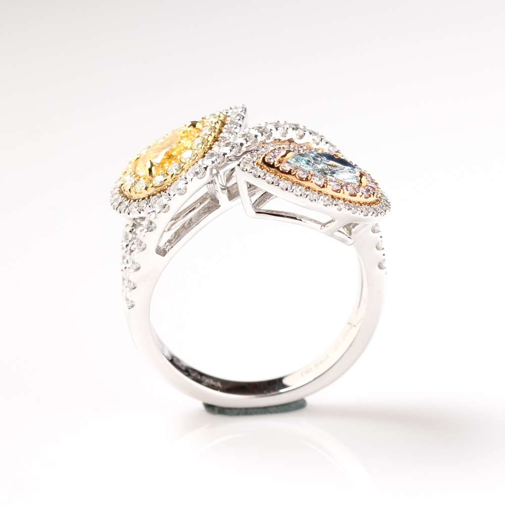 【雅紅珠寶】GIA-0.5ct-Fancy Vivid Yellow-濃郁黃彩鑽水滴型+0.5ct藍彩鑽水滴型戒指