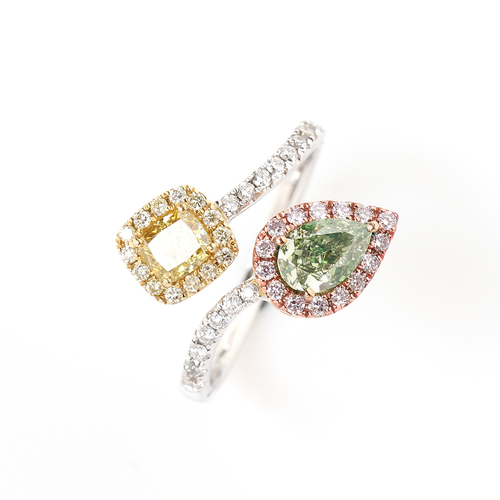 【雅紅珠寶】GIA-0.42ct濃艷黃方型彩鑽+0.63ct綠心型彩鑽