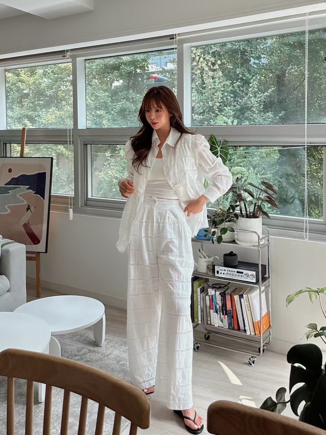 白色框蕾絲棉布長褲