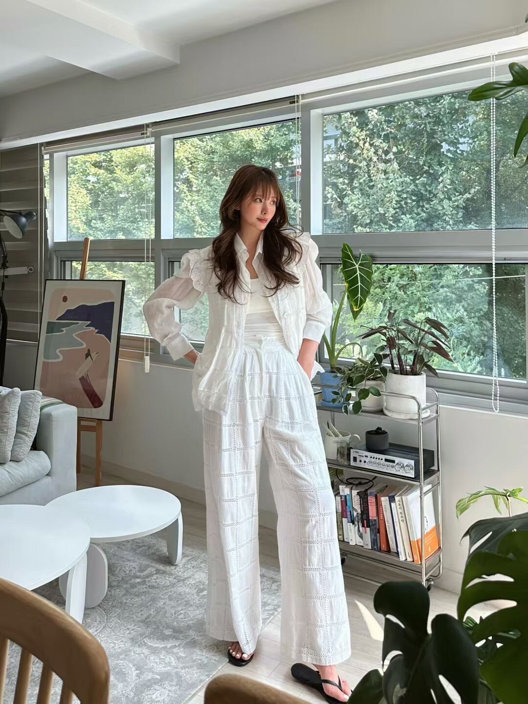 白色框蕾絲棉布長褲