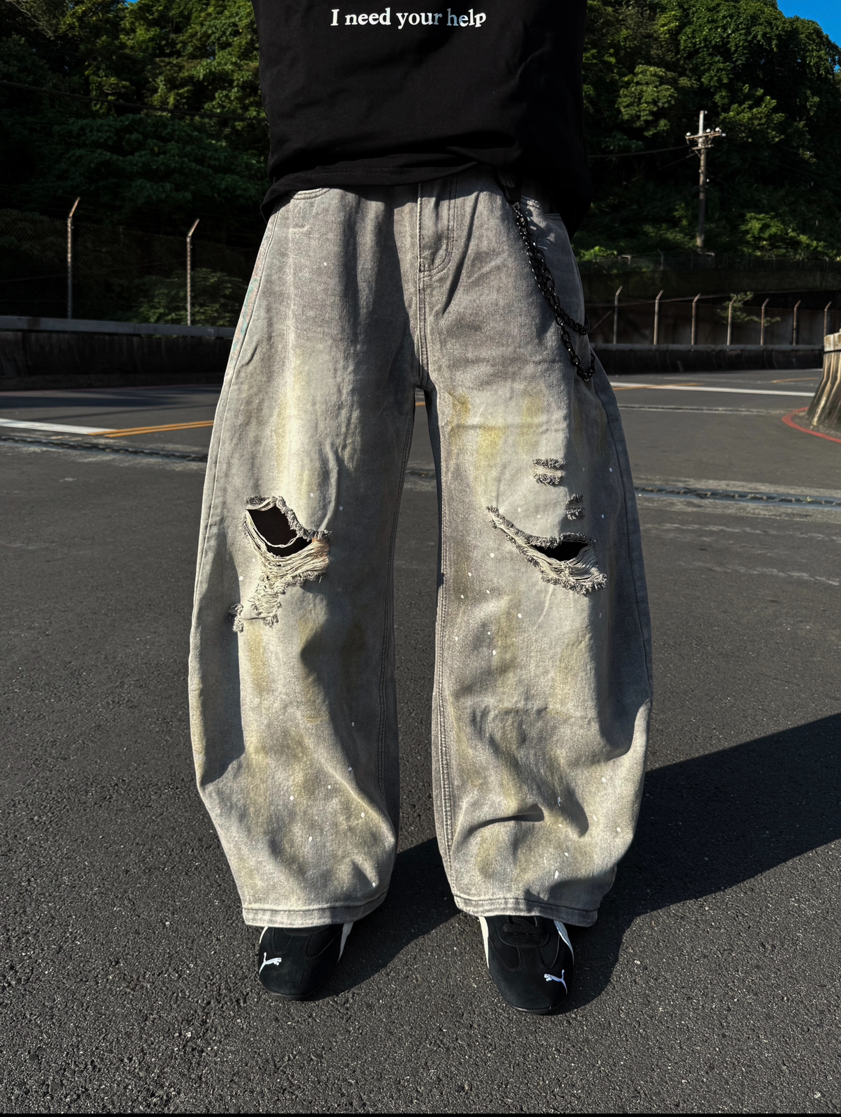 (部分現貨)韓系街頭感潑墨刷破彎刀褲