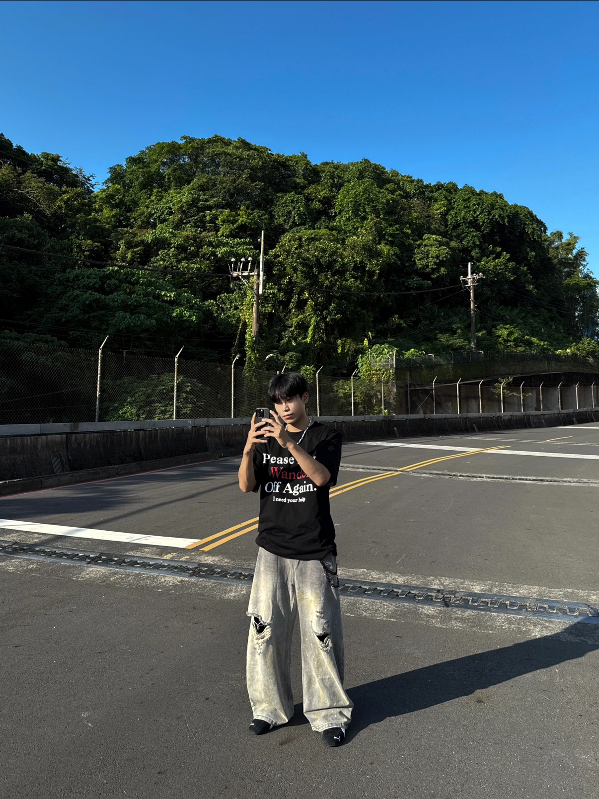 (部分現貨)韓系街頭感潑墨刷破彎刀褲