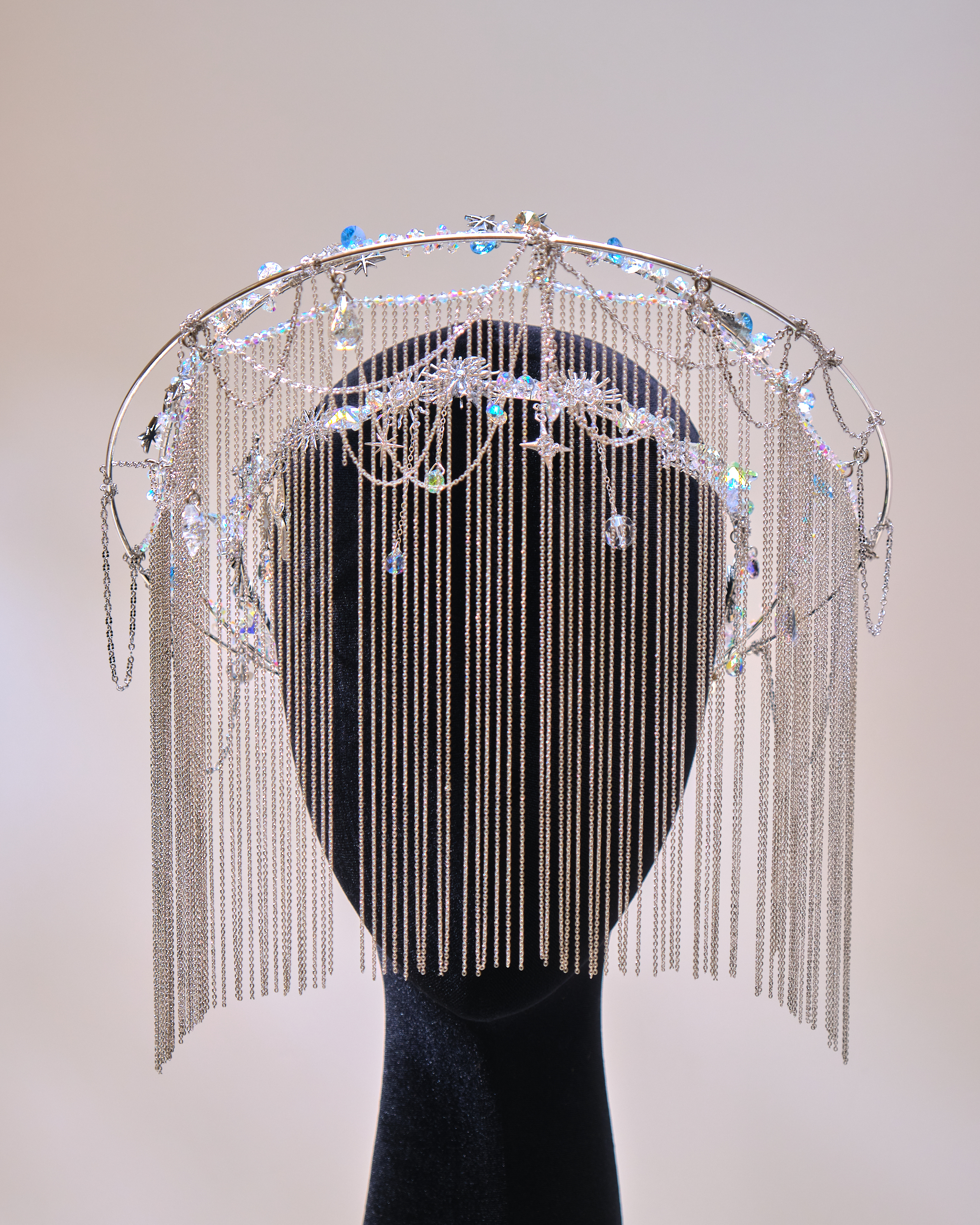 12676 Long Fringed Crystal Chain Veil Mask Tiara