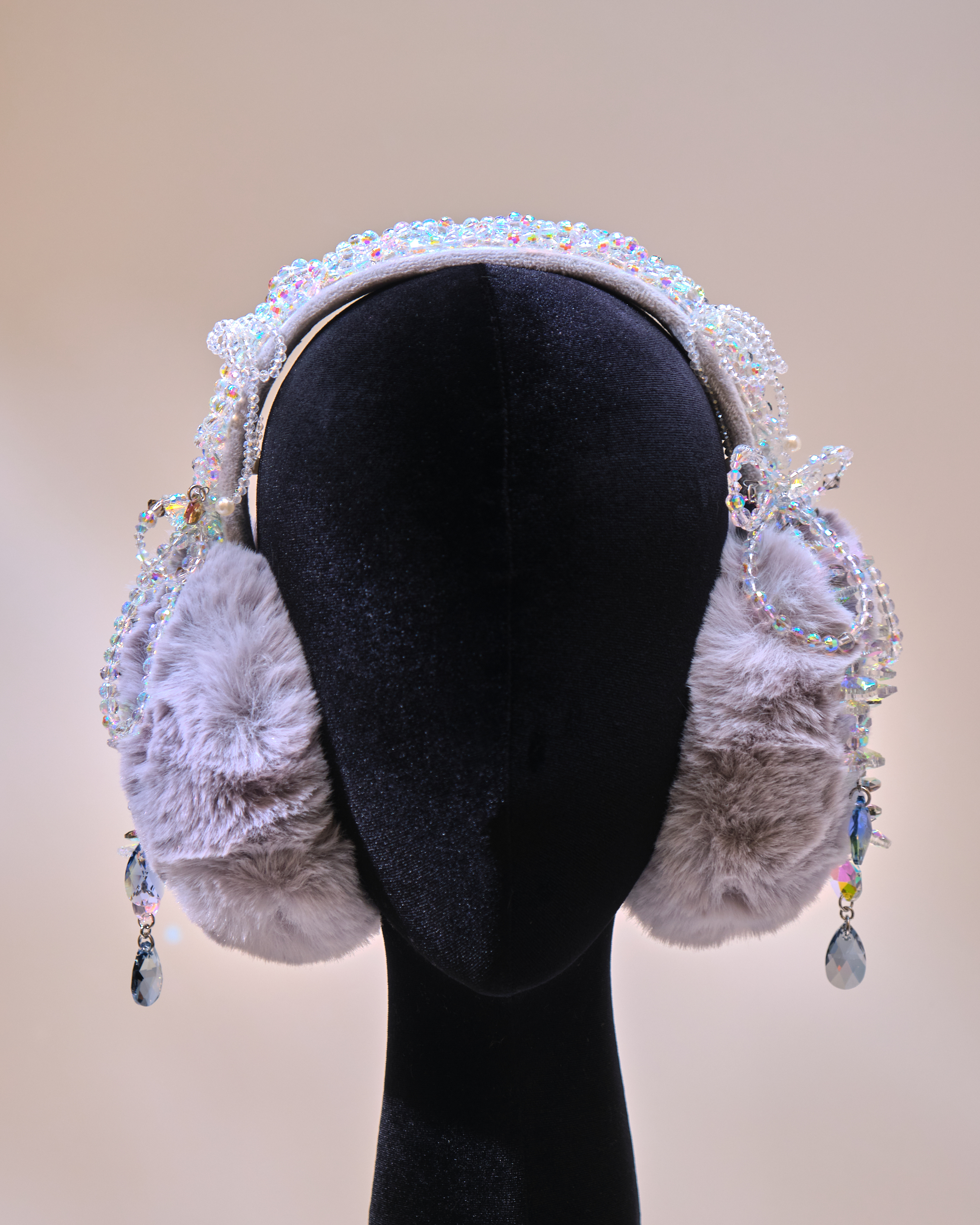 12669 Faux Fur Grey CZ Fluffy Foldable Ear Warmer