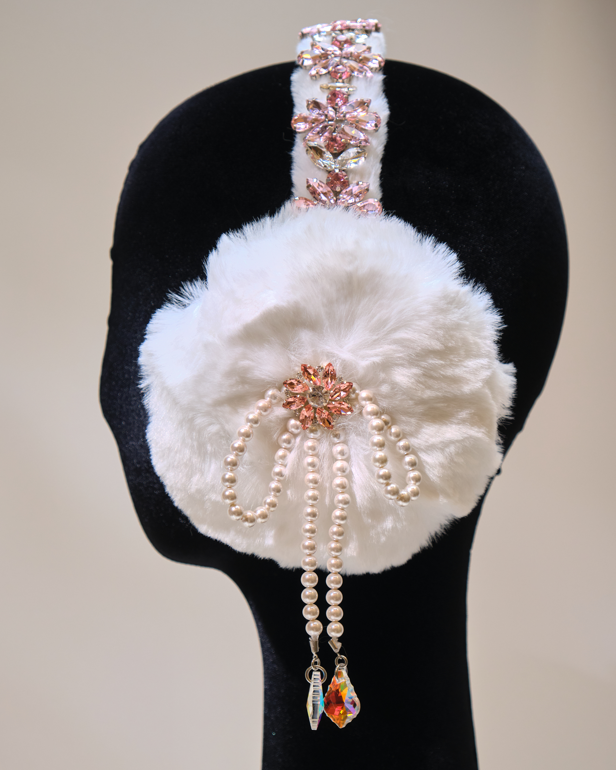 12668 Faux Fur White Fluffy Pearl Beads Foldable Ear Warmer