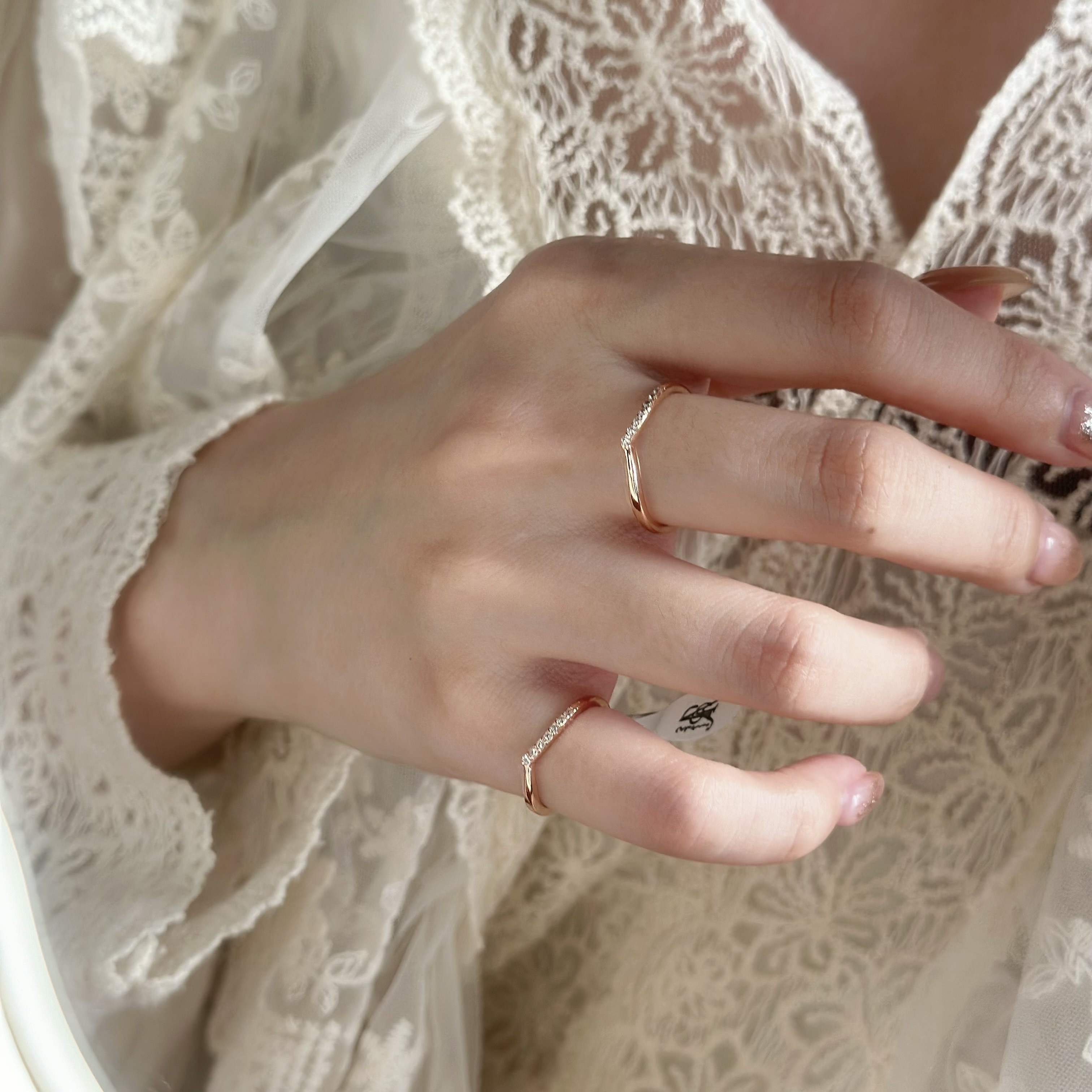 半邊排鑽海鷗純銀戒指