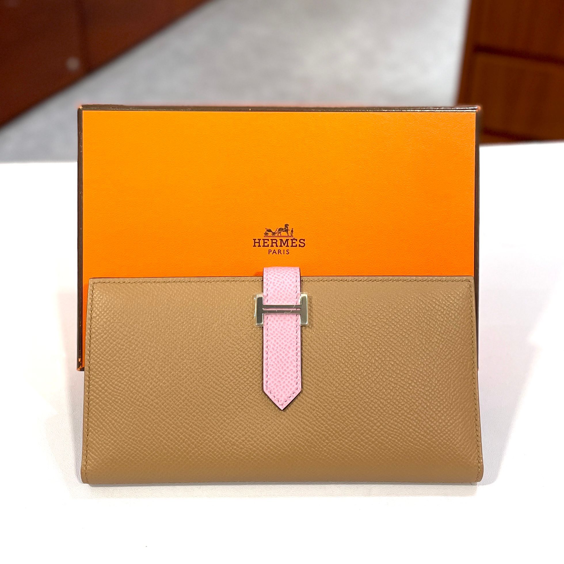 全新HERMES長銀包 U刻 奶茶拼葵錦紫 EPSOM皮/銀扣 BEARN LONG WALLET #BRAND NEW#香榭站正品