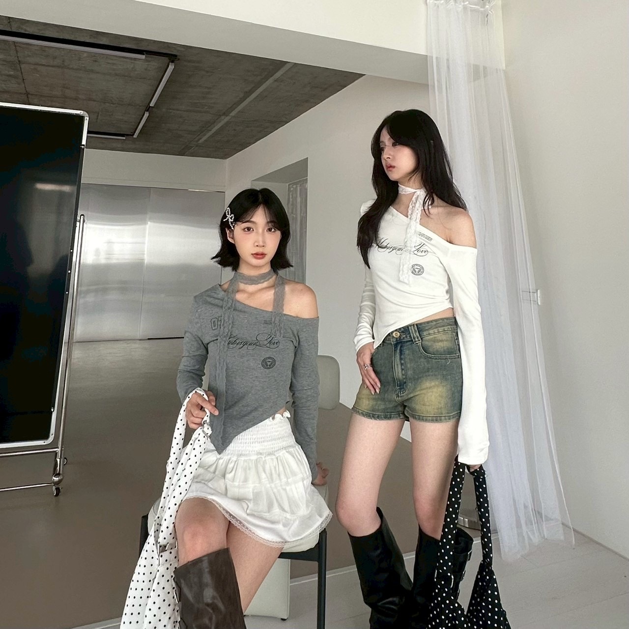 mmb斜肩修身下擺長t+蕾絲脖帶