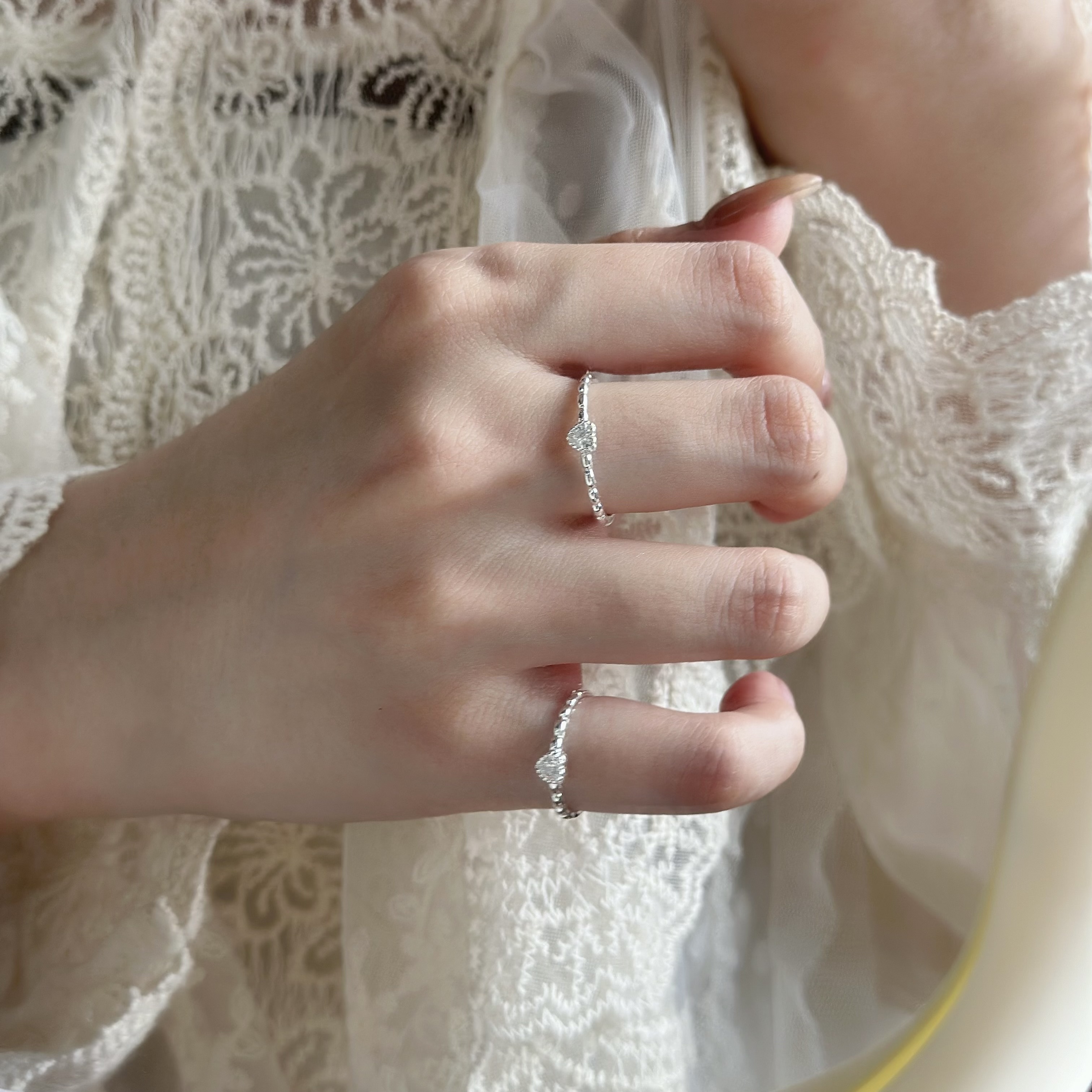 小時光．愛心小鑽米粒純銀戒指