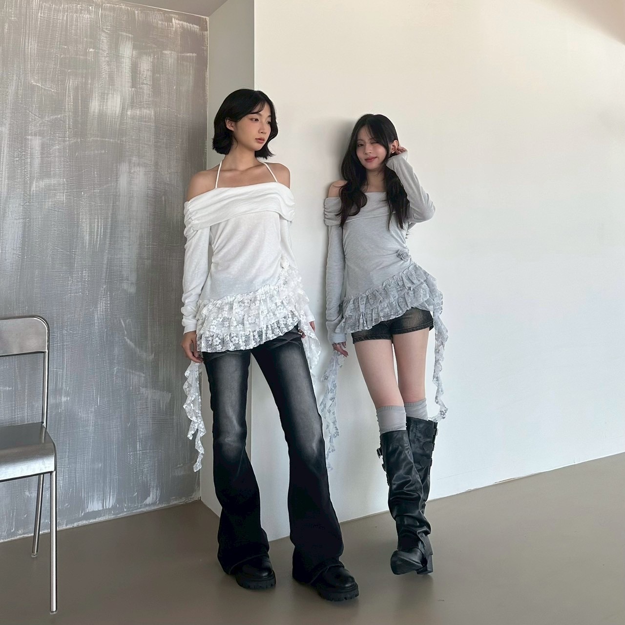 蕾絲蛋糕裙襬一字領長袖