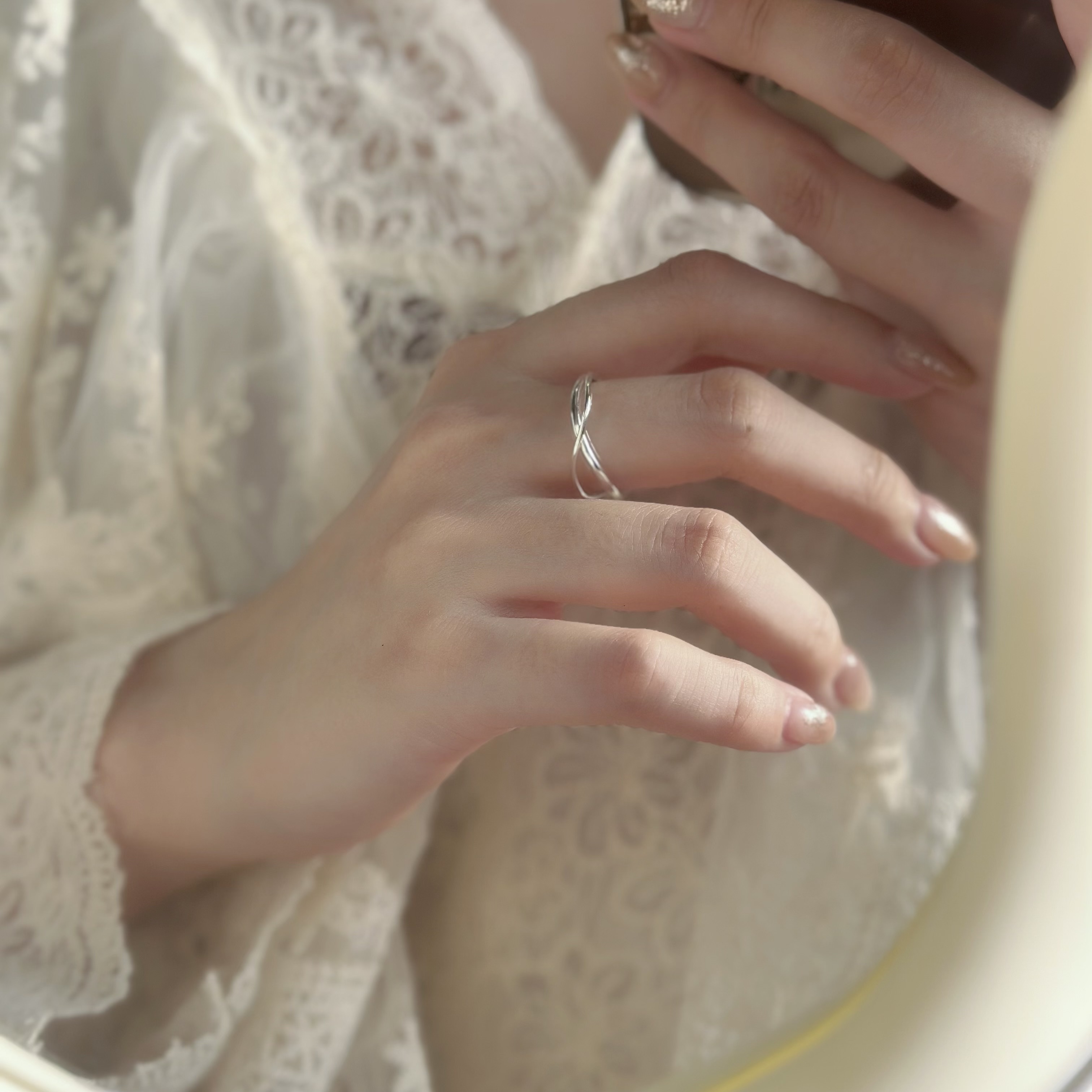 M68波浪雙圈相扣純銀戒指