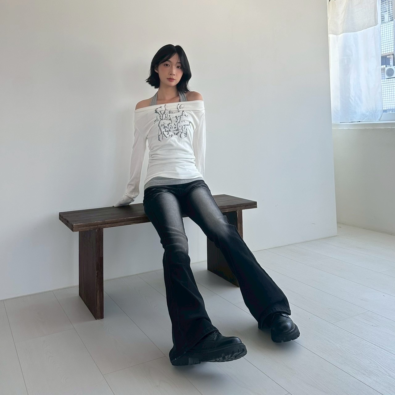 霧感敘事印花條紋假兩件長袖