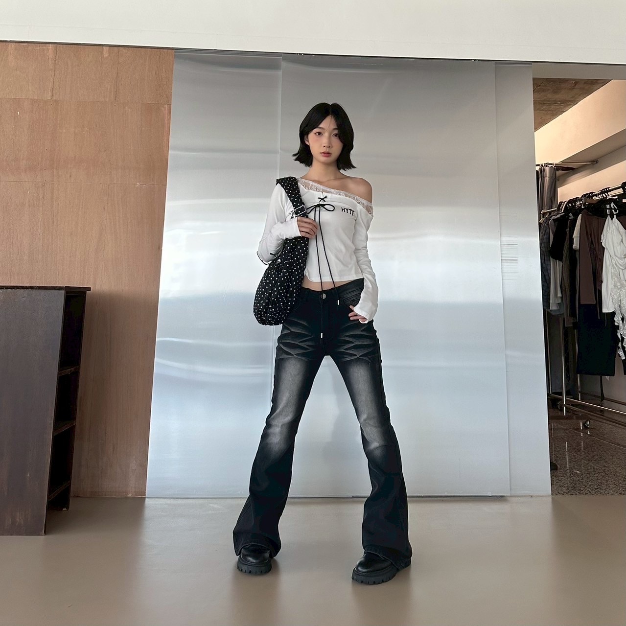 腿精特調刷色貓鬚喇叭褲