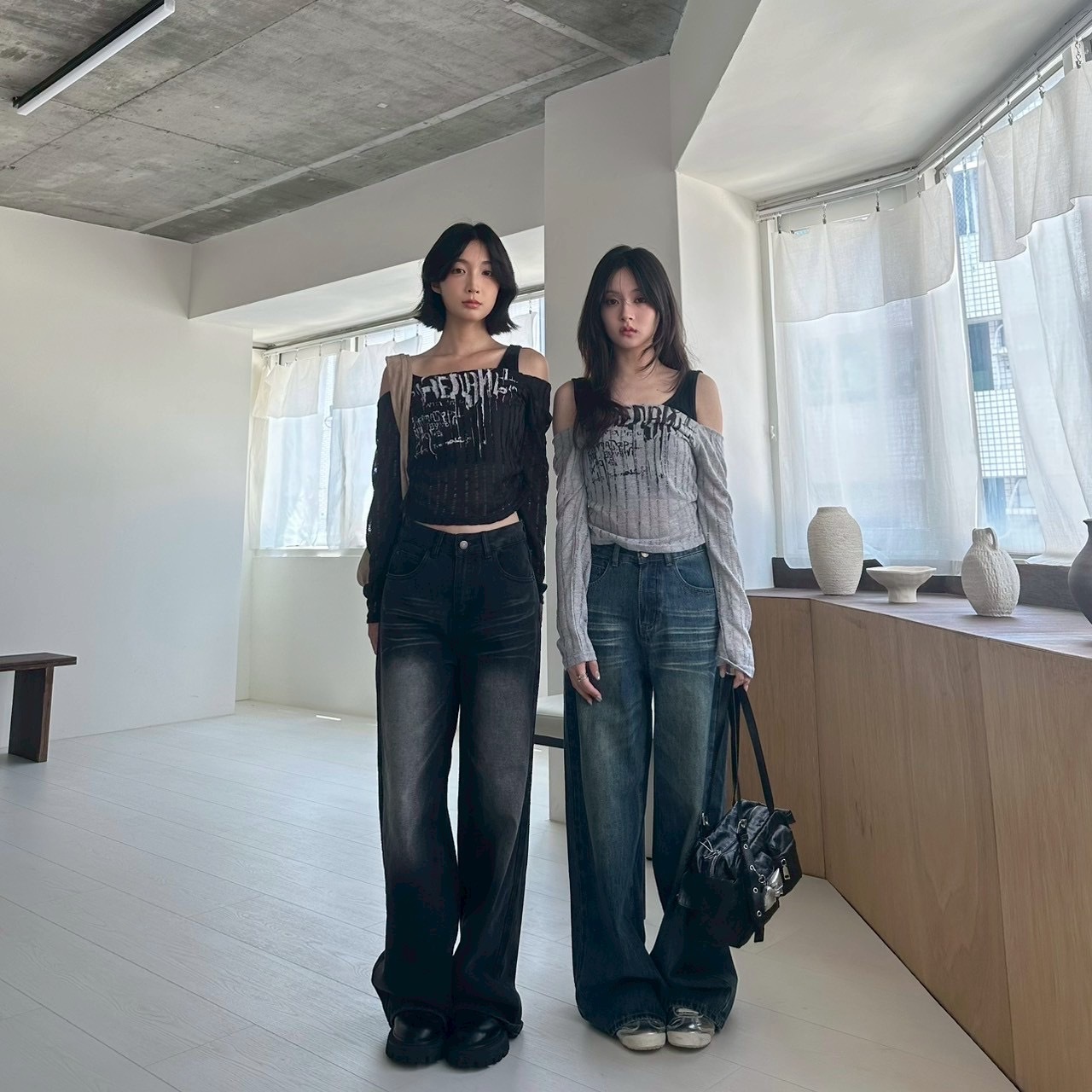 秒瘦舊日刷痕牛仔寬褲