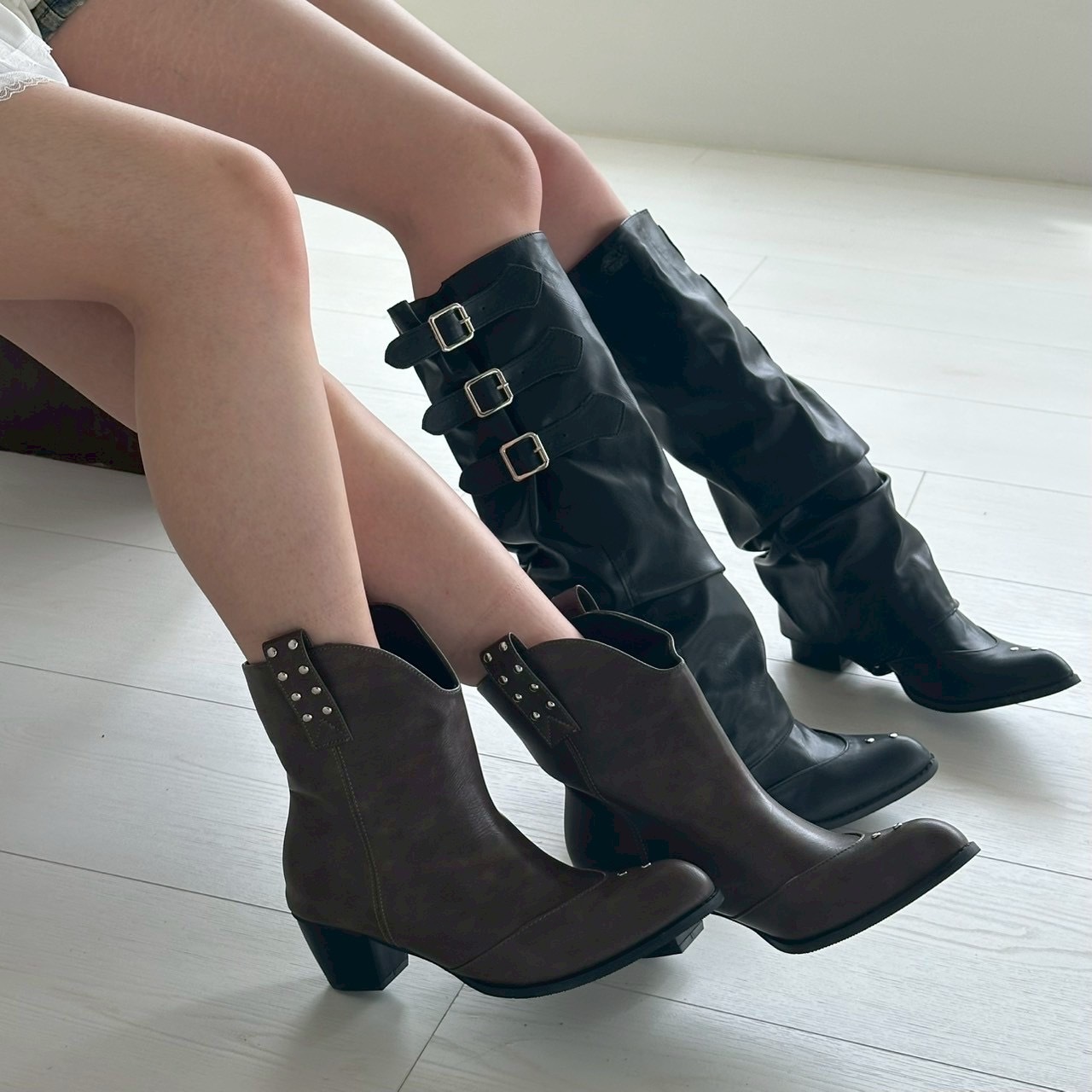 一秒切換復古兩穿扣環騎士靴