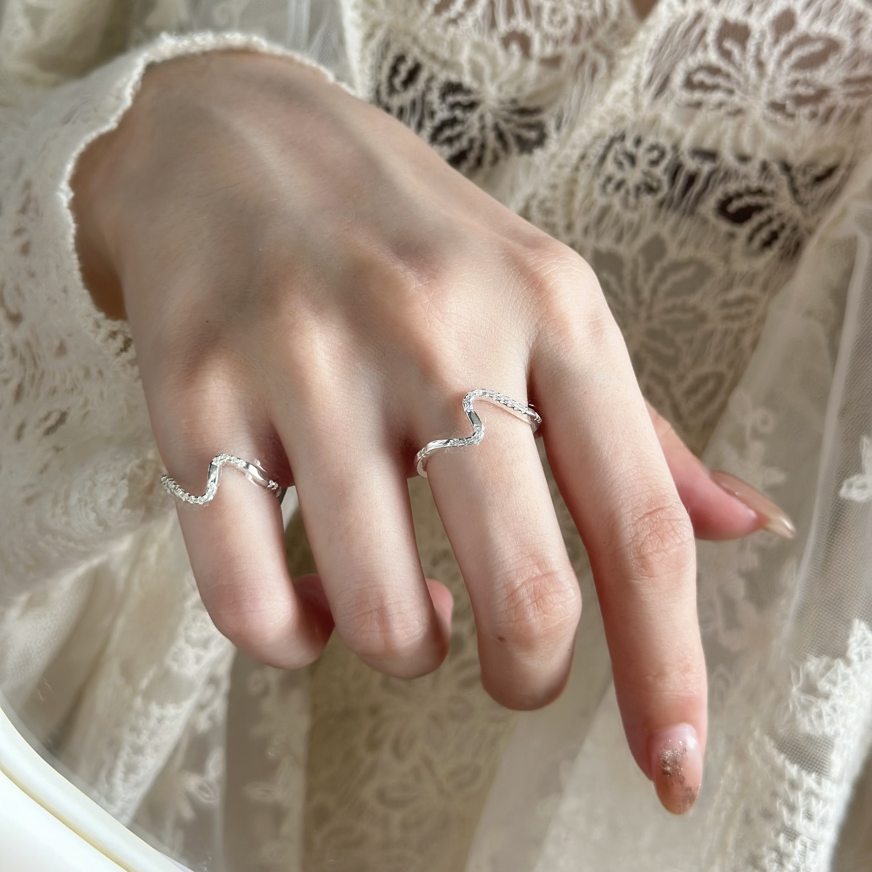 H20排鑽波浪純銀戒指