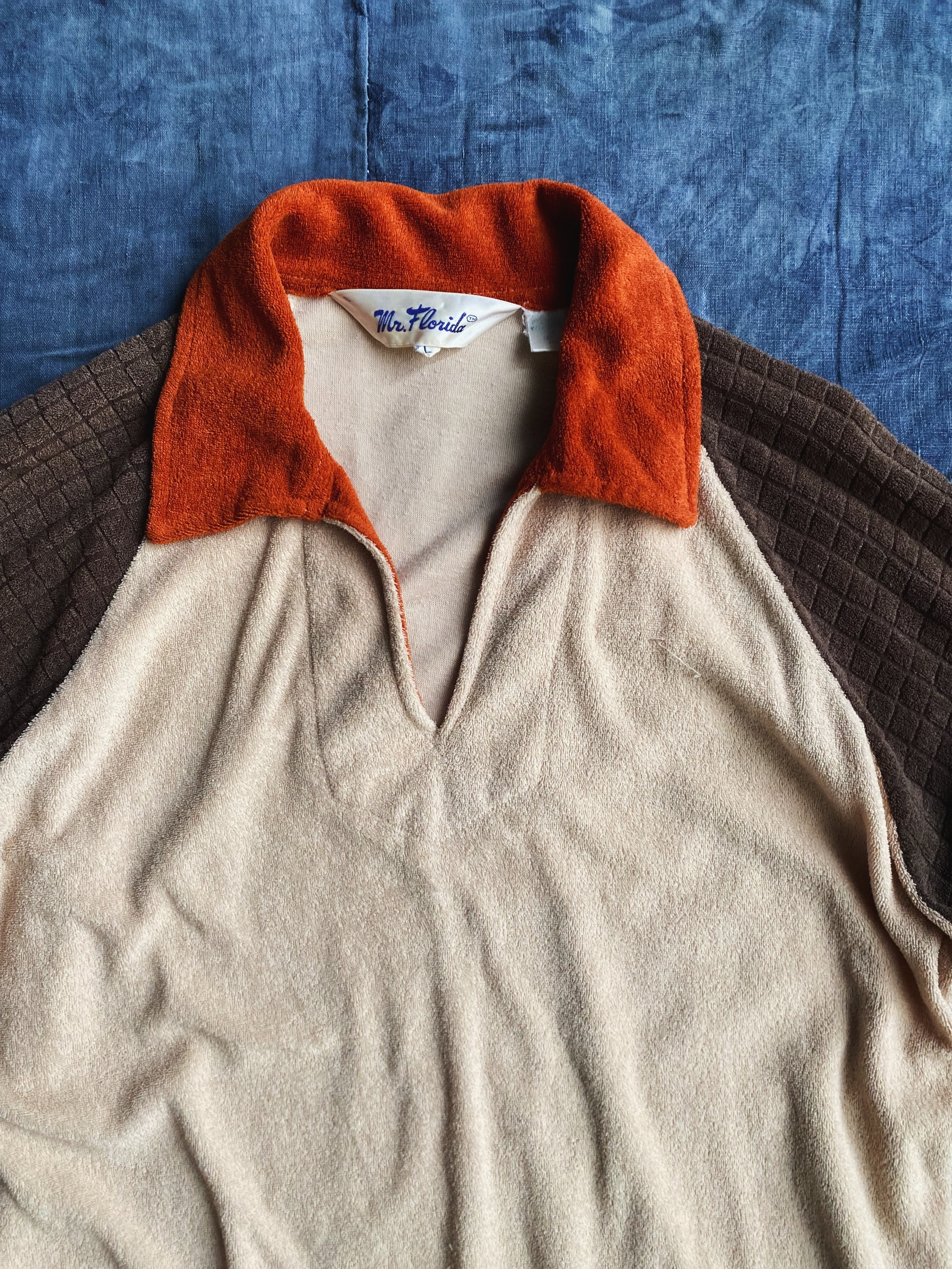 70s Open collar shirts “Mr.Florida”/ 70年代 毛巾布料 開襟拼接短袖上衣