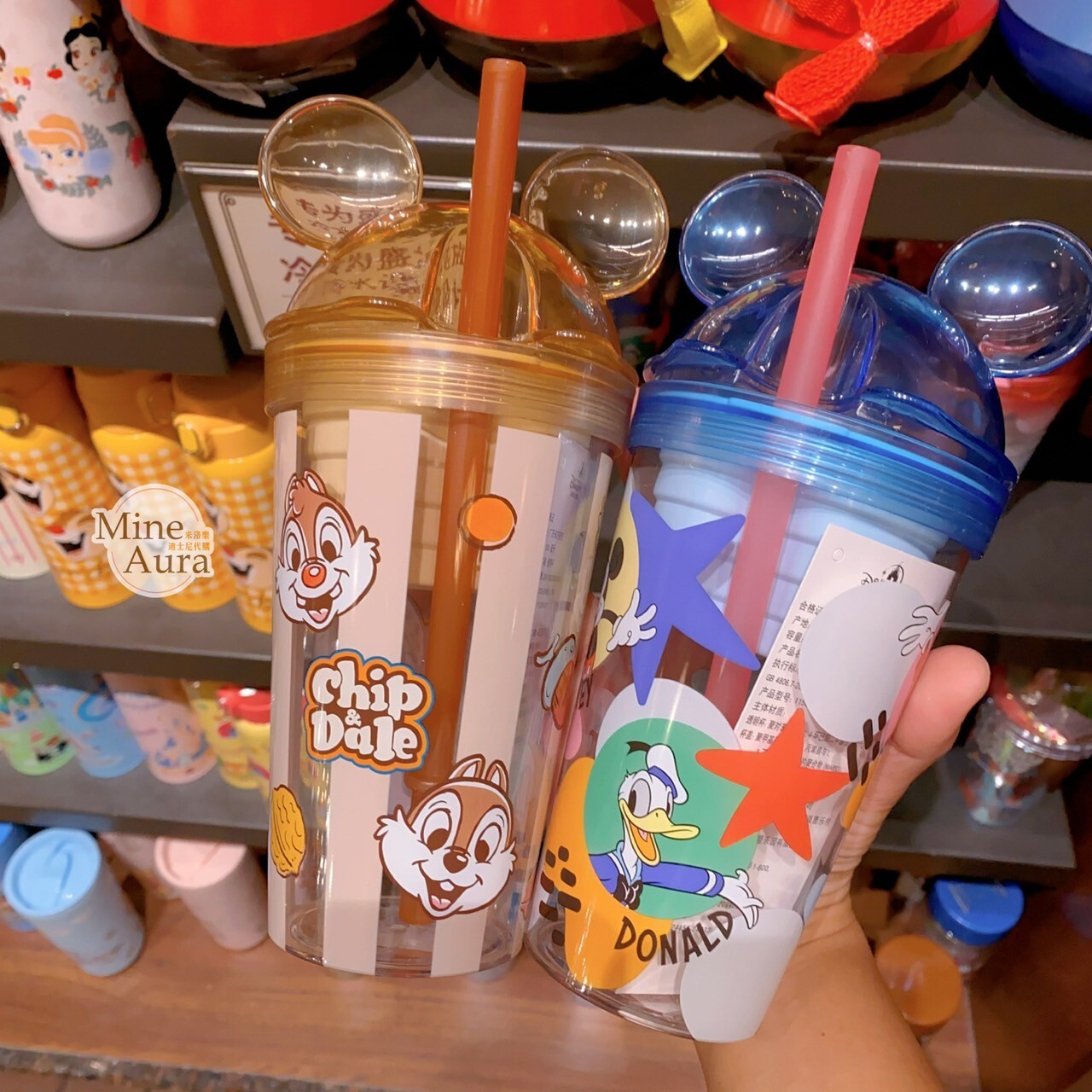 奇奇蒂蒂 Chip 'n Dale 圖案 立體米奇耳朵 造型 吸管 水杯 -上海迪士尼樂園