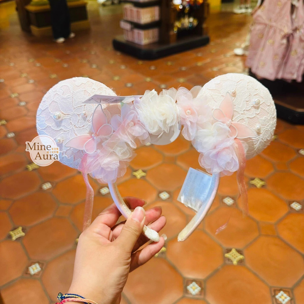 米奇和朋友們 遊園記系列 米妮 Minnie 立體耳朵 蕾絲 花花 造型 髮圈 髮箍 -上海迪士尼樂園