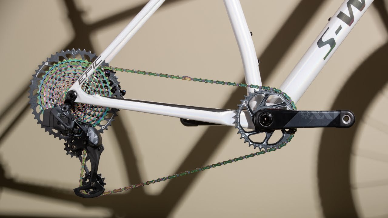 SRAM logo with a wireless AXS derailleur.