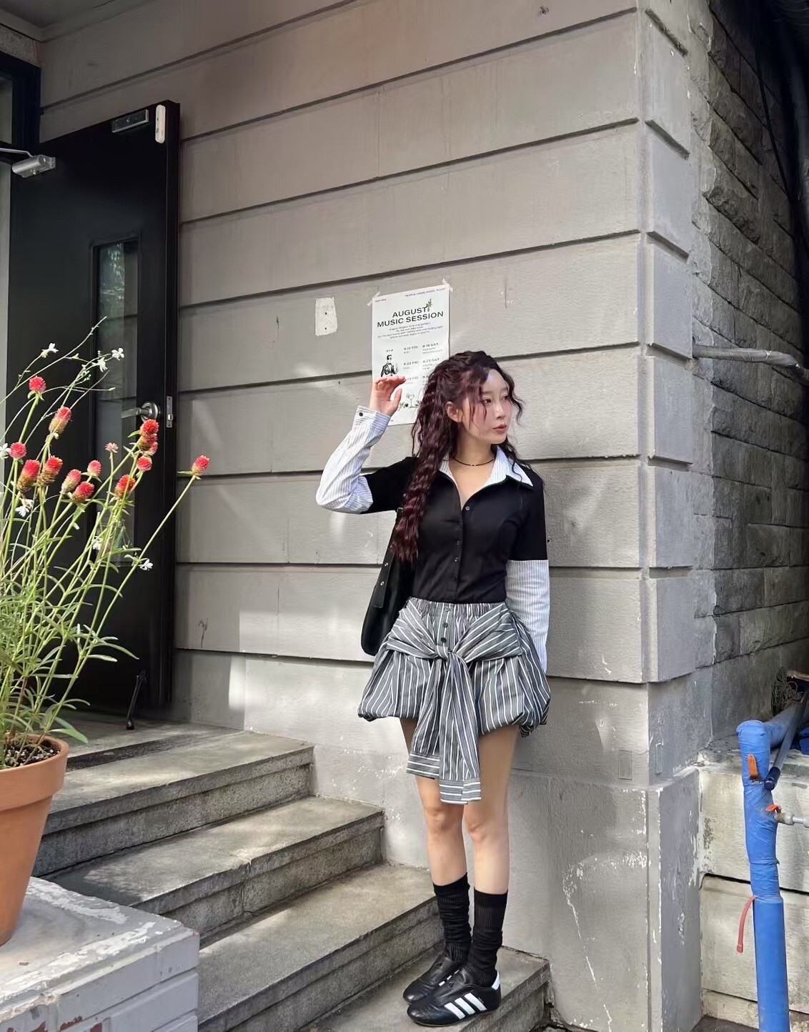 直條紋綁袖泡泡短裙