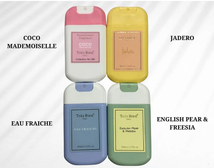 4 AGZ58 PARFUM CHEVEUX ( COCO MADEMOISELLE, EAU FRAICHE, ENGLISH PEAR & FREESIA, JADERO)