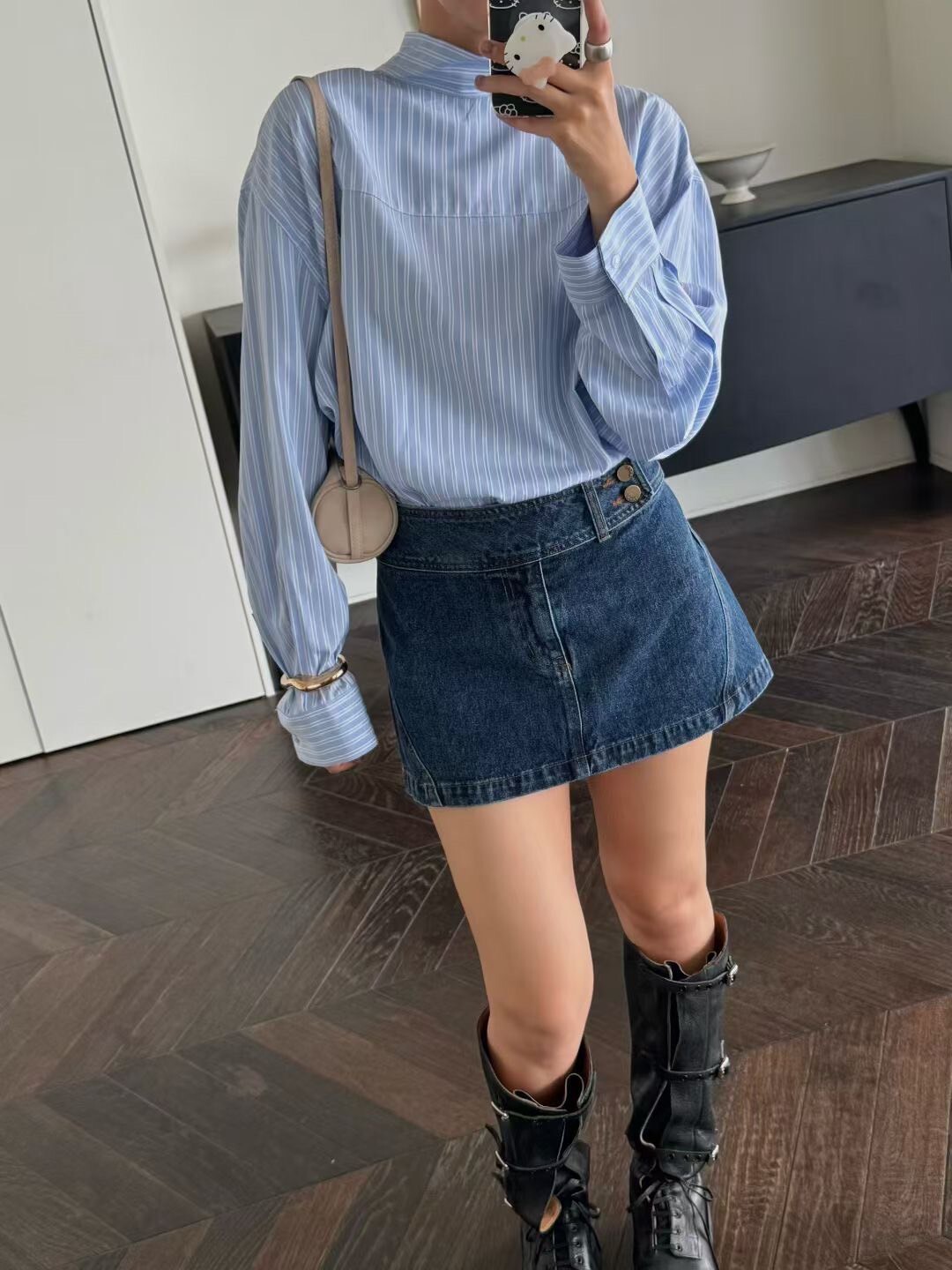 寬腰帶側釦牛仔迷你短裙