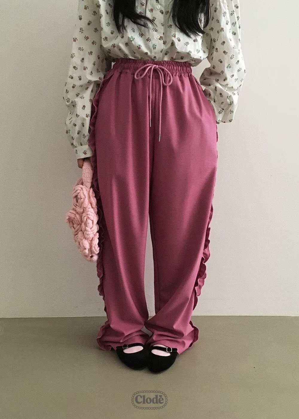 側荷葉綁帶鬆緊休閒長褲