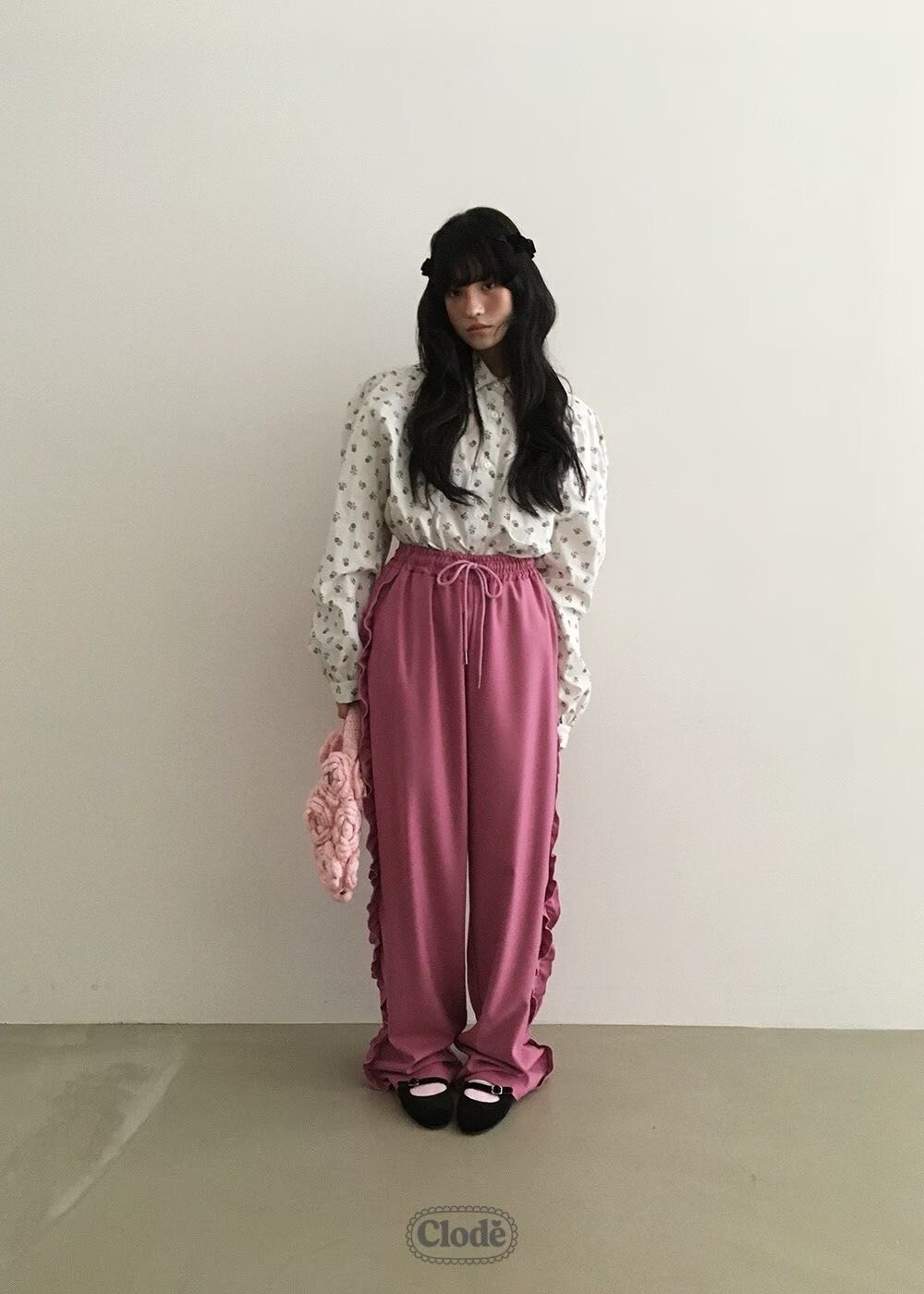 側荷葉綁帶鬆緊休閒長褲