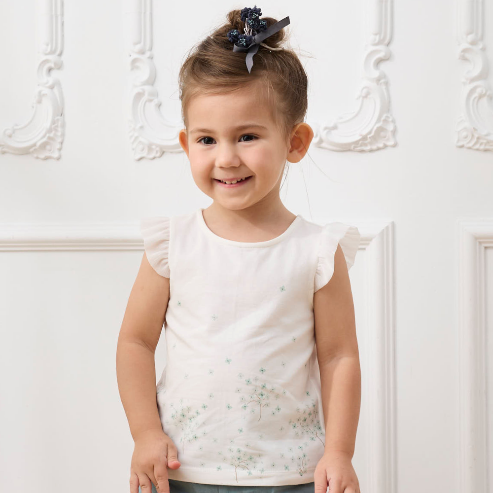 PIPPY浪漫蕾絲邊袖口印花棉質上衣 藍