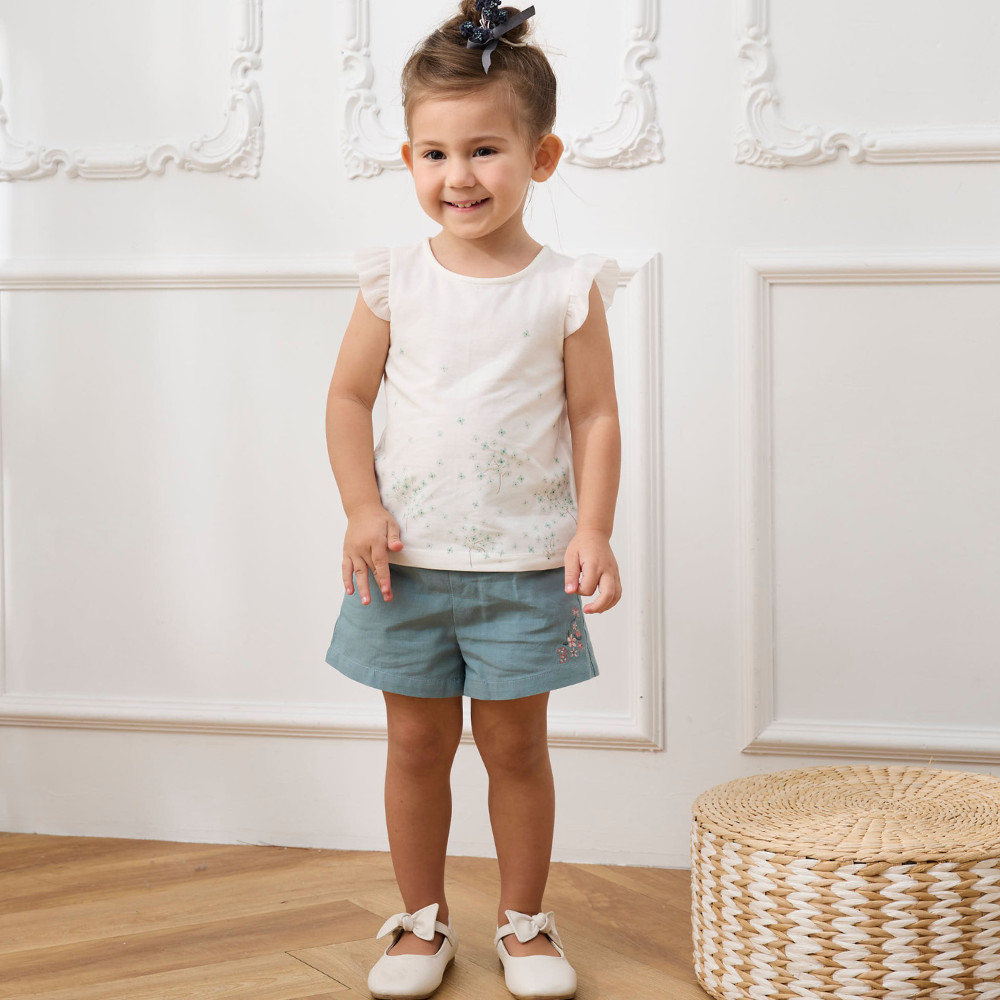 PIPPY浪漫蕾絲邊袖口印花棉質上衣 藍