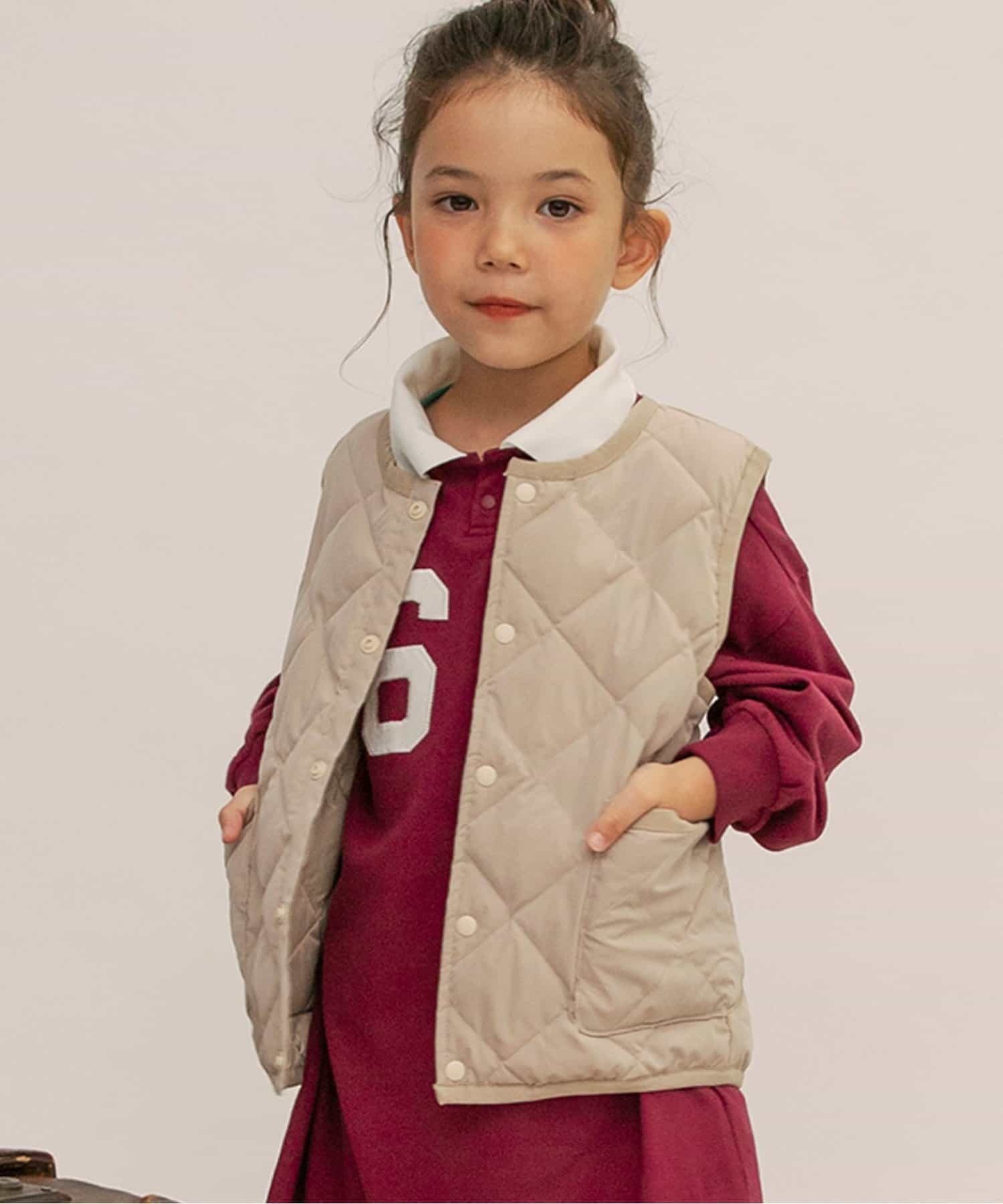 日本 F.O.KIDS 純色簡約絎縫背心 (140，卡其色) R403035