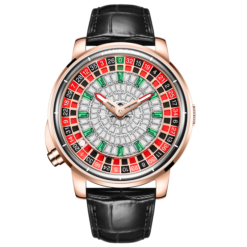 【Hanboro 衡寶】 1015-2系列 歐洲輪盤 夜光 鏤空 鑲鑽 皮革 機械 手錶