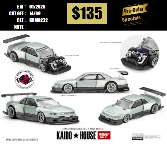 PO-$135 * MINI GT * 1:64 KHMG232 Nissan Silvia S13-R KAIDO WORKS V1 [OD01/09]