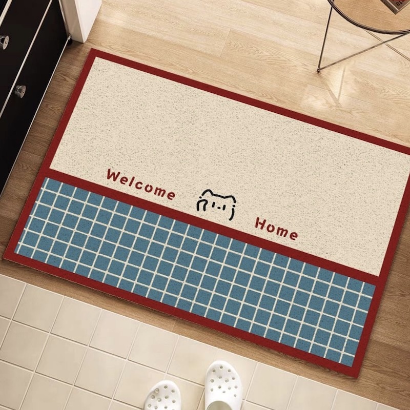 《09014》貓咪與小格子撞色絲圈地墊(2款)