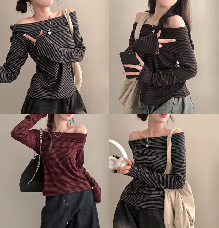 早秋預訂｜側扣條紋露肩長袖T 恤