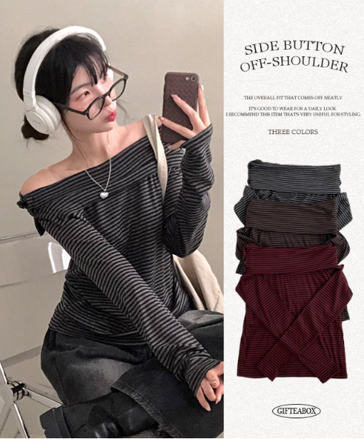 早秋預訂｜側扣條紋露肩長袖T 恤