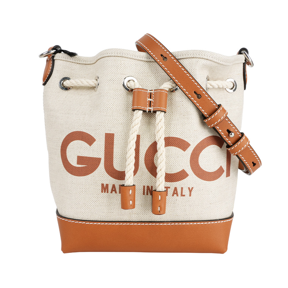【GUCCI】Logo 標誌帆布及皮革迷你水桶包(米色/棕色)