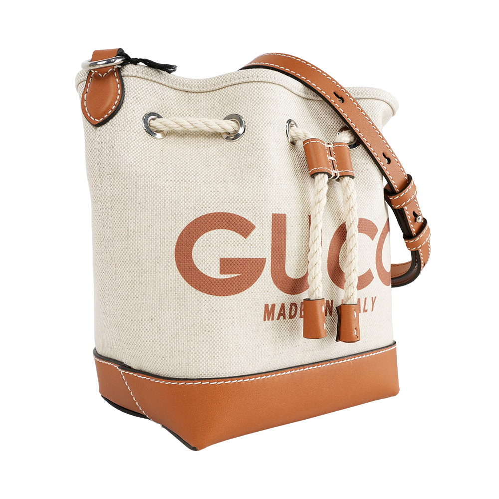 【GUCCI】Logo 標誌帆布及皮革迷你水桶包(米色/棕色)