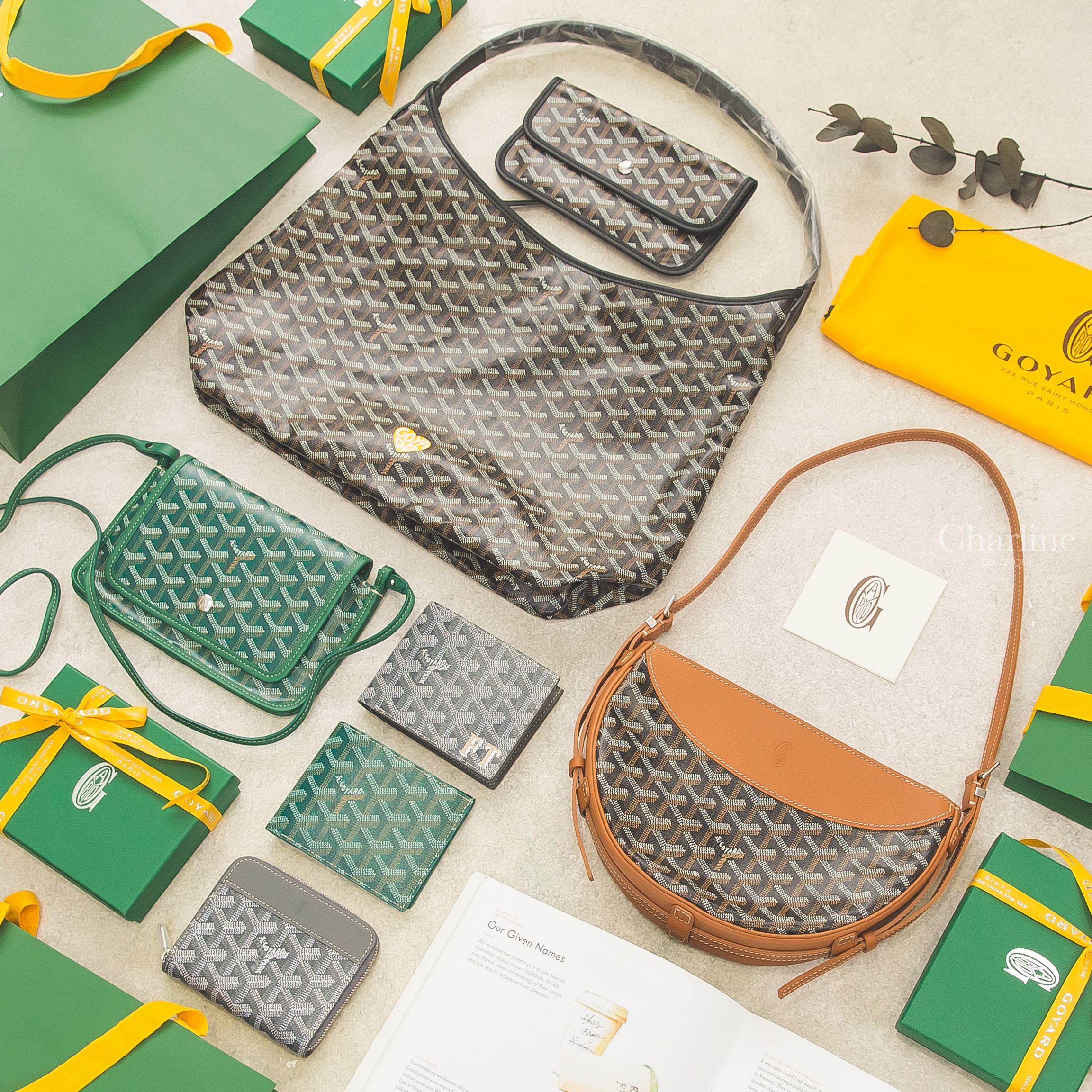 Goyard Hobo黑色黃愛心,Goyard Hirondelle黑拼咖啡色,Goyard Plumet綠色,Goyard Matignon灰色拉鍊短夾,Goyard Victoire灰客製化/綠短夾-Charline Boutique 精品代購