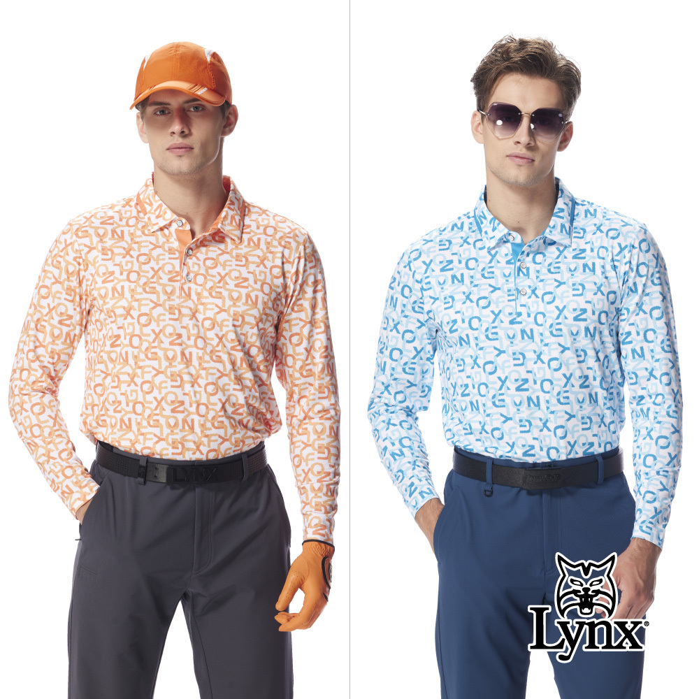 【Lynx Golf】男款合身版吸濕排汗涼感滿版文字造型長袖POLO衫