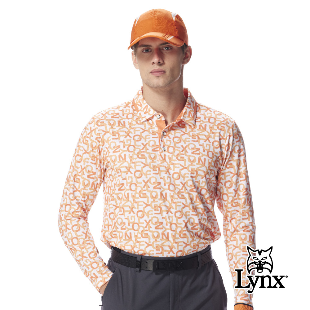 【Lynx Golf】男款合身版吸濕排汗涼感滿版文字造型長袖POLO衫