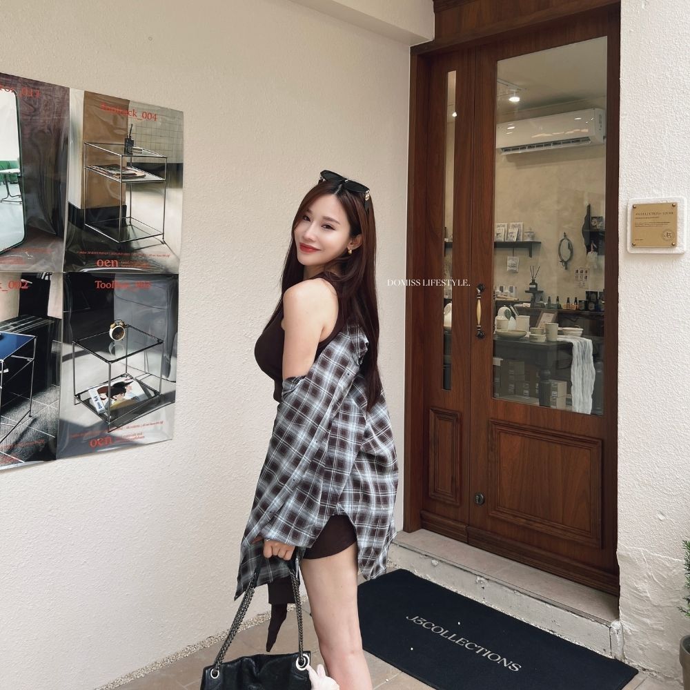 【薄荷巧克力】DOMISS 格紋襯衫+兩件式背心短裙套裝 -2色 甜辣出場 套裝 洋裝(現貨)