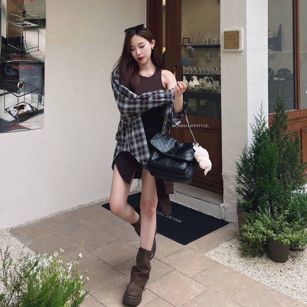 【薄荷巧克力】DOMISS 格紋襯衫+兩件式背心短裙套裝 -2色 甜辣出場 套裝 洋裝(現貨)