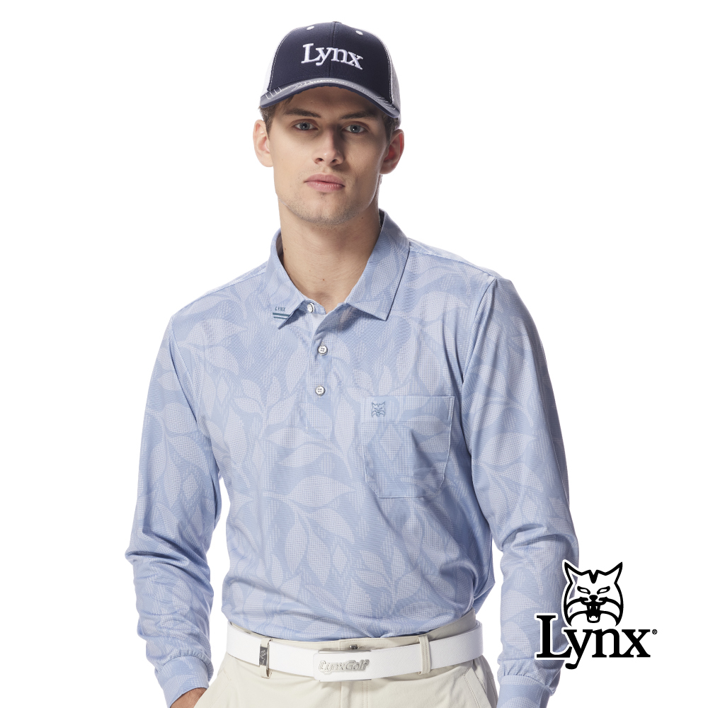 【Lynx Golf】男款吸濕排汗涼感滿版樹紋胸前側邊口袋造型長袖POLO衫