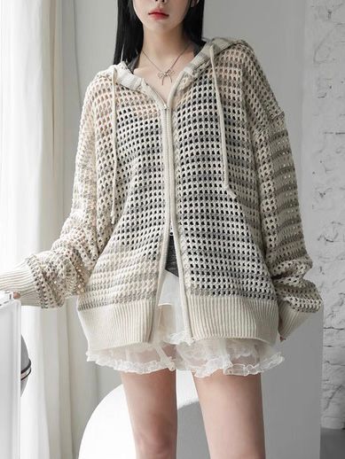 橫間連帽拉鍊針織外套 JK2630