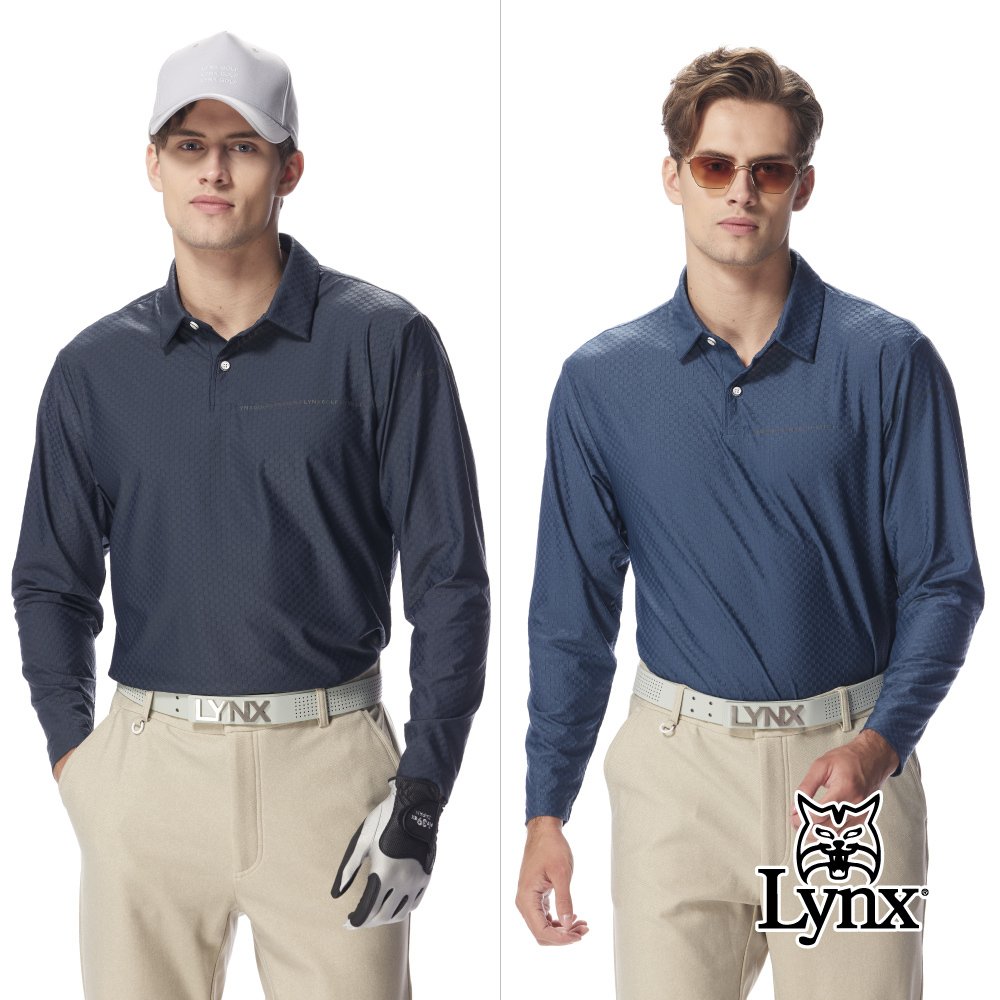 【Lynx Golf】男款滿版壓紋格紋造型印花設計長袖POLO衫