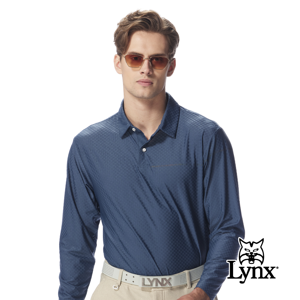 【Lynx Golf】男款滿版壓紋格紋造型印花設計長袖POLO衫